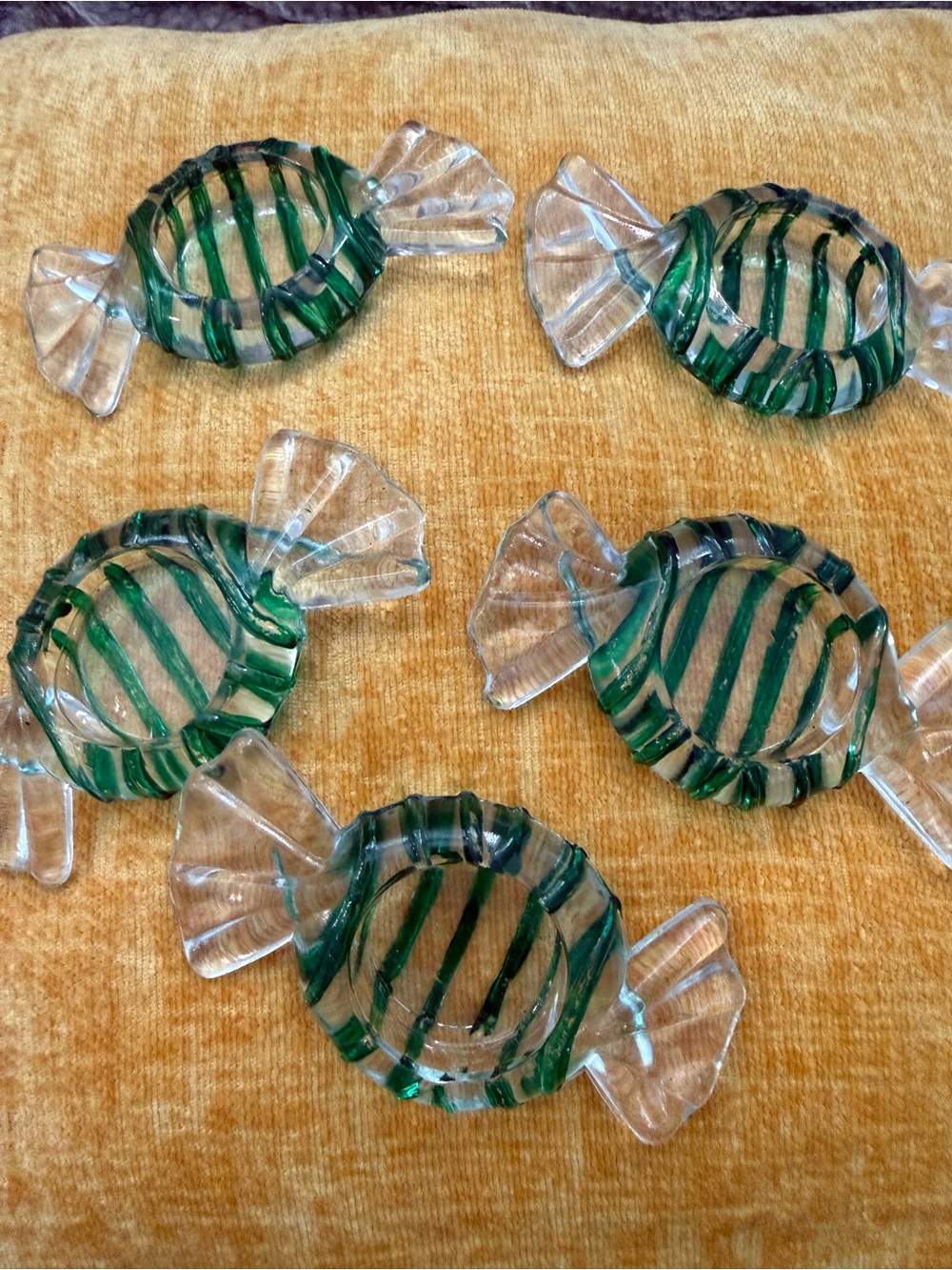 Set of 5 Green/Clear Glass Christmas Candy Tea Light Candle Holders 4" Long
